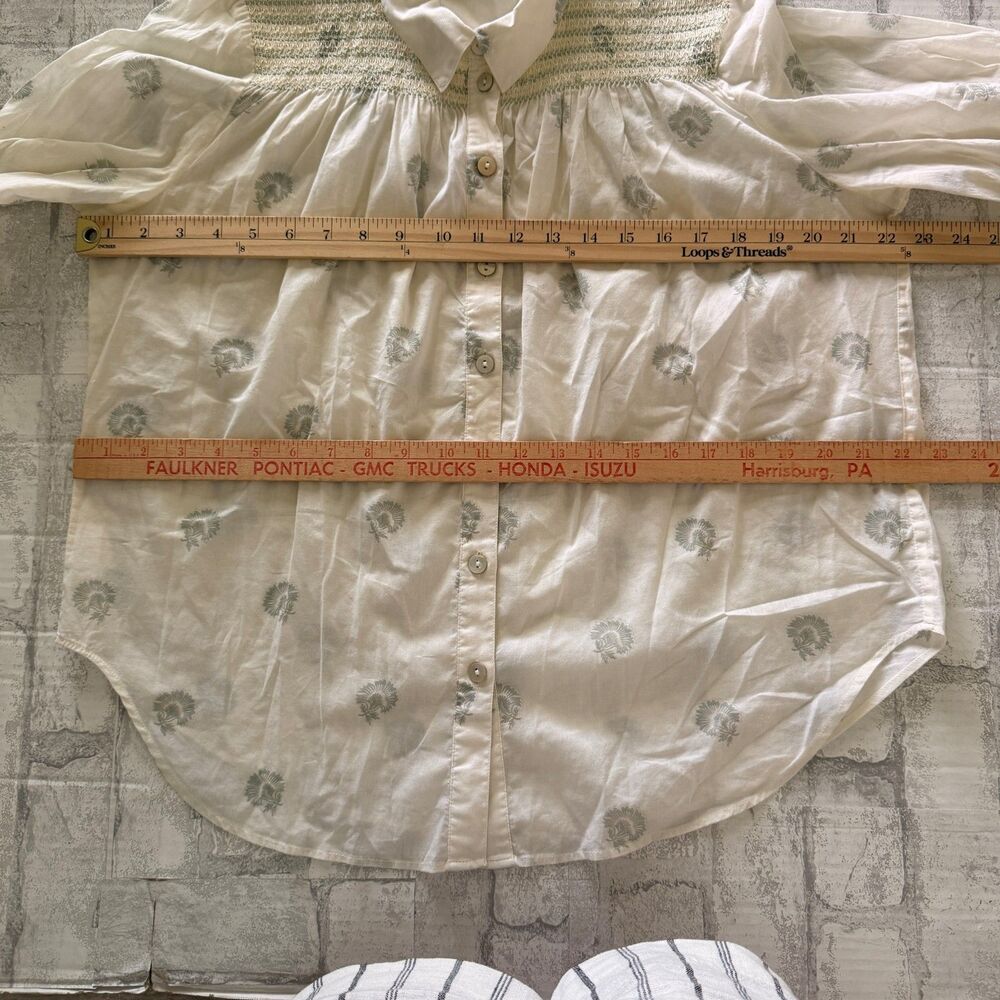Wrap London Shirring Detail Cotton Shirt Ecru Sage Embroidered Blouse Sz 10 - Picture 8 of 10